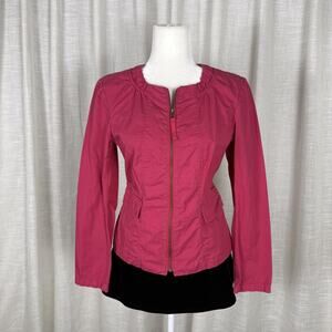 Ann Taylor Loft Jacket Womens SP Pink Zip Front Collarless Cotton Twill Short